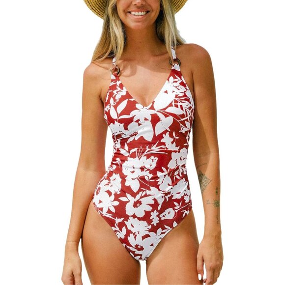 Cupshe Floral One Piece Swimsuit Womens XL O-Ring Back Tie Straps V Neck Red NEW - Picture 2 of 11